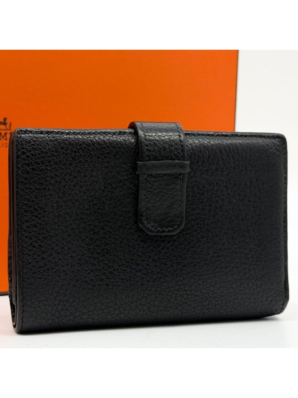 Hermes Jura Togo Bearn Black Leather Compact Wallet